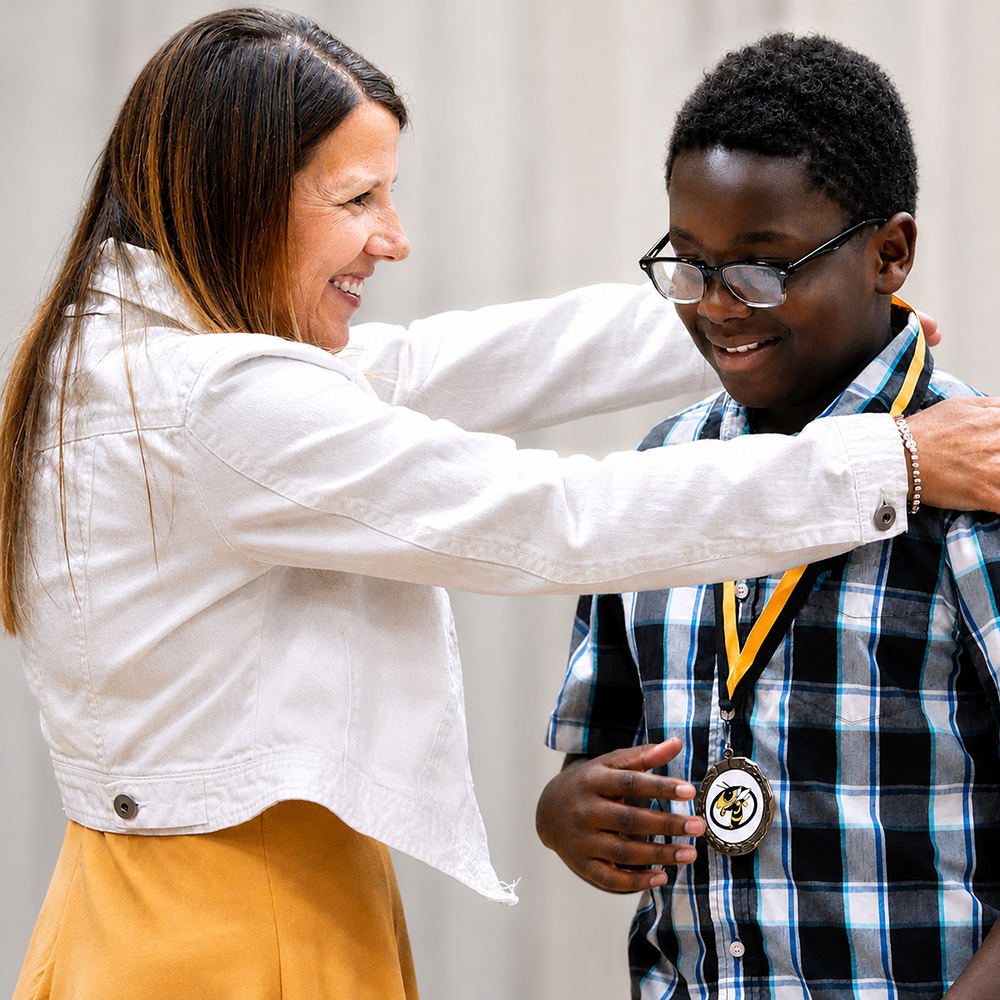 Teacher giving student an award